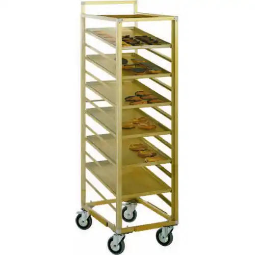 Nur Heute Mobile Verkaufstheke, champagnerfarbig eloxiert, mit 3-seitiger, abnehmbarer Acrylglas-Verkleidung, passend für Bleche 600 x 400 mm, 9 Etagen, L 650 x B 480 x H 1400 mm